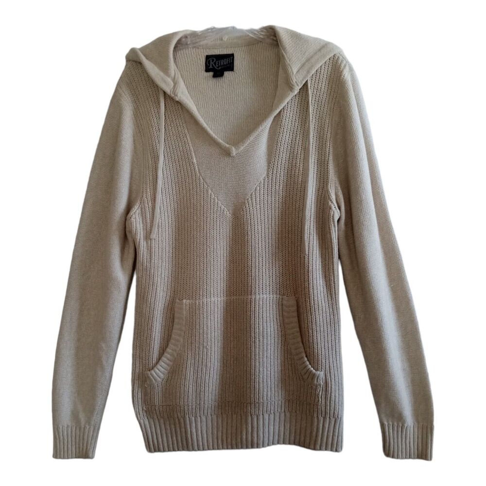 Retrofit Hooded Sweater Womens Medium Beige Long Oversized Kangaroo Pockets Knit